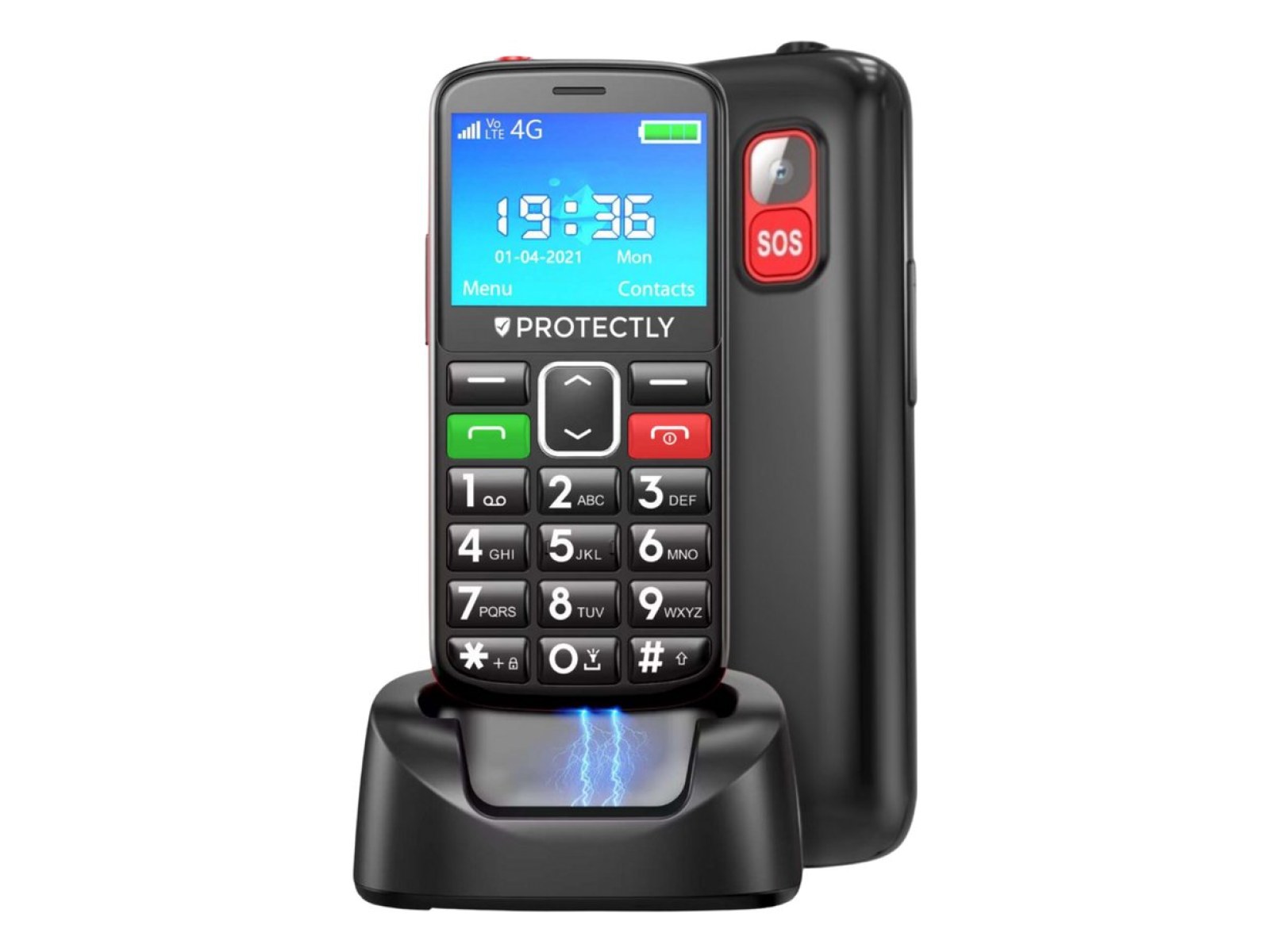 Protectly Senioren Telefoon V2 met grote toetsen, SOS-knop en oplaadstation