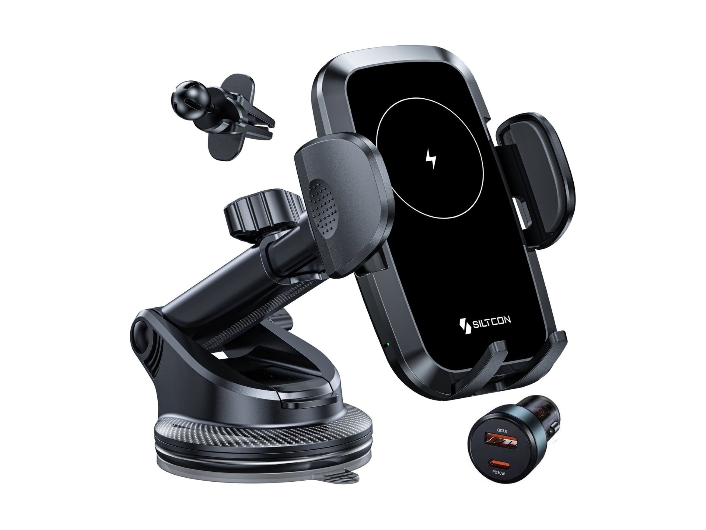 Siltcon telefoonhouder met draadloze oplader op een autodashboard