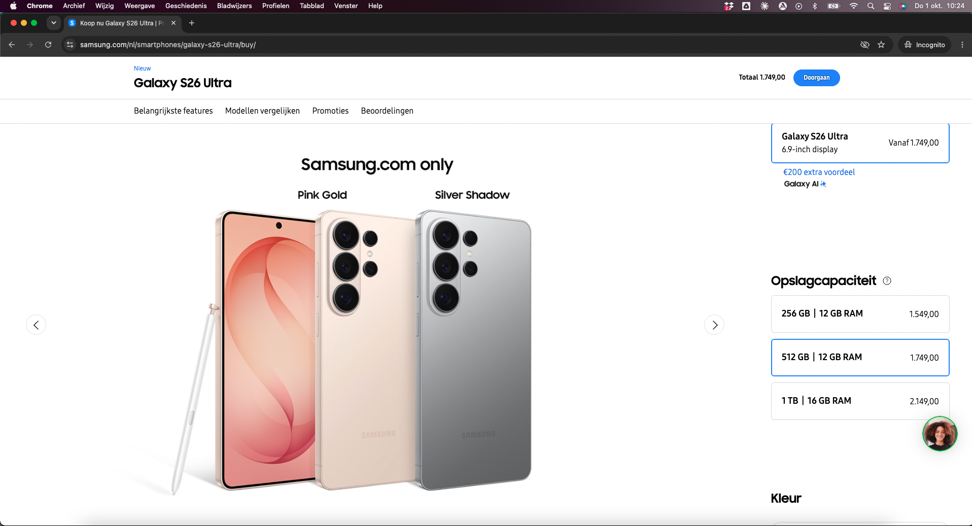 De live kooppagina van de Galaxy S26 Ultra op samsung.com/nl op 1 oktober 2026, met 1.549 euro voor 256 GB, 1.749 euro voor 512 GB en 2.149 euro voor 1 TB
