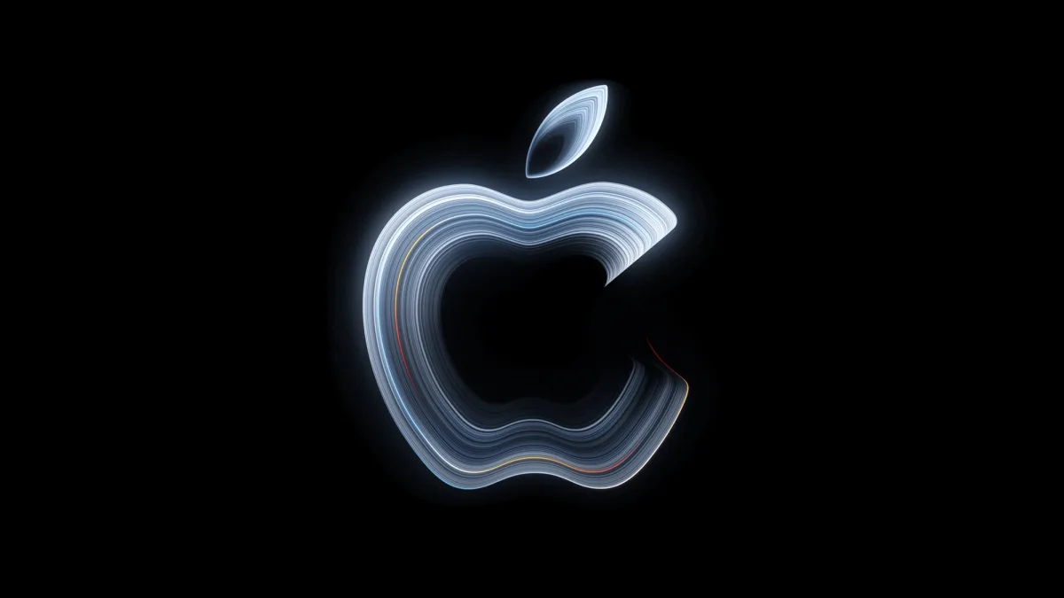 De uitnodiging van Apple voor het "Pro and tell"-event van 28 oktober: een Apple-logo van lichtstrepen op zwart