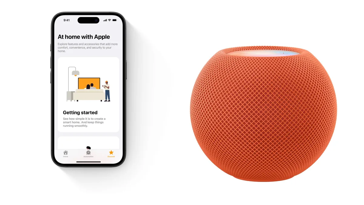 De Woning-app van Apple op een iPhone naast een HomePod mini