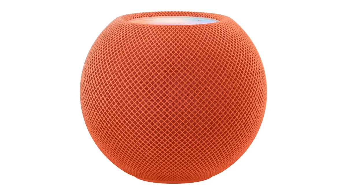 De huidige HomePod mini van Apple in de kleur oranje