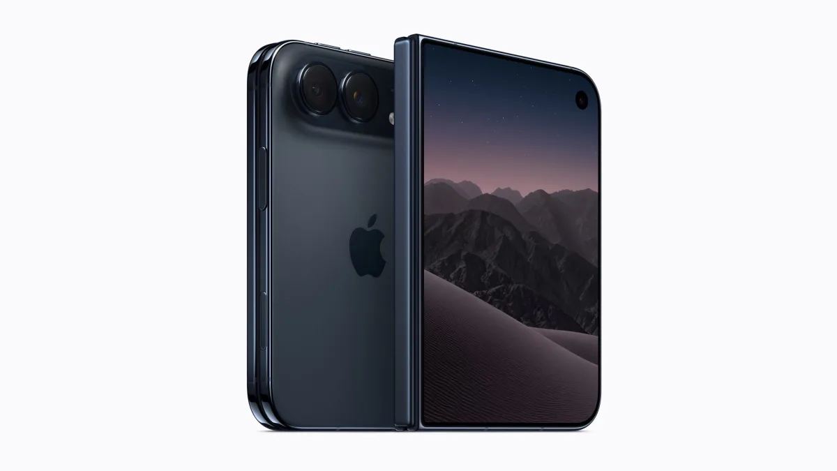 De iPhone Duo in de kleur Nachthemel, half opengevouwen, van achteren en van voren