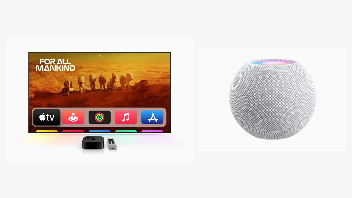 De huidige Apple TV 4K met Siri Remote en de huidige HomePod mini; vandaag worden de opvolgers verwacht