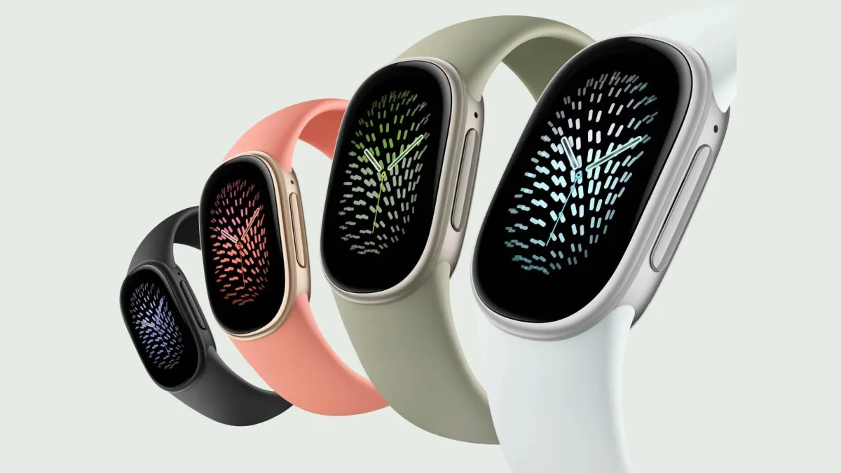 De Fitbit Edge in de vier kleuren Obsidian, Canyon, Fog en Olive naast elkaar