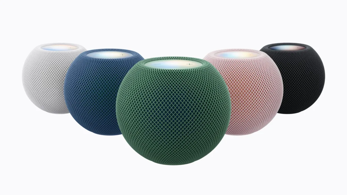 De HomePod mini 2 in de vijf kleuren roze, groen, blauw, wit en middernacht