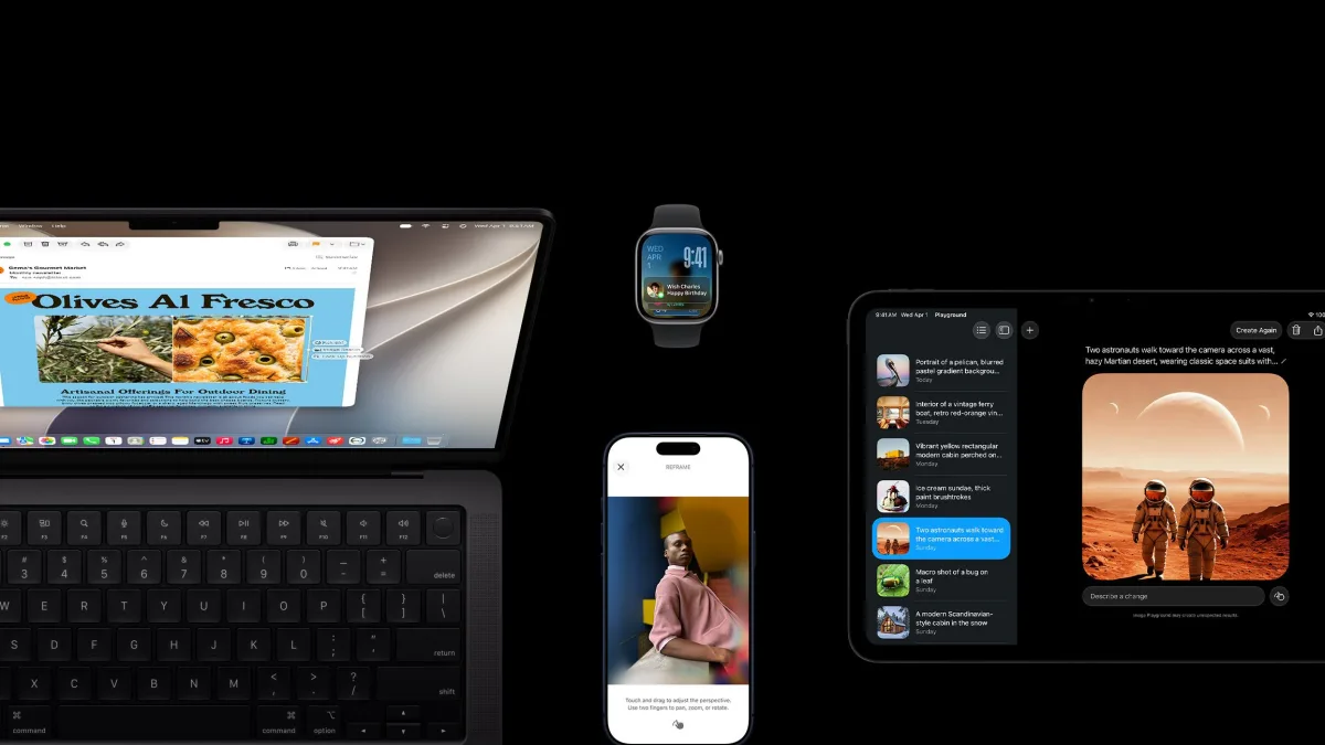 iOS 27, iPadOS 27, macOS 27 en watchOS 27 op een iPhone, iPad, MacBook en Apple Watch
