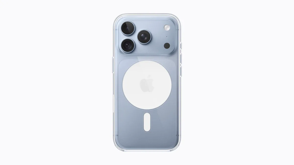 De achterkant van de iPhone 18 Pro in Gletsjer, in het doorzichtige hoesje van Apple