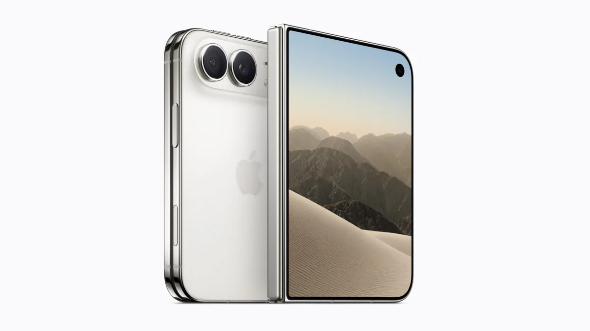 De iPhone Duo in de kleur Sterrenwit, half opengevouwen, van achteren en van voren