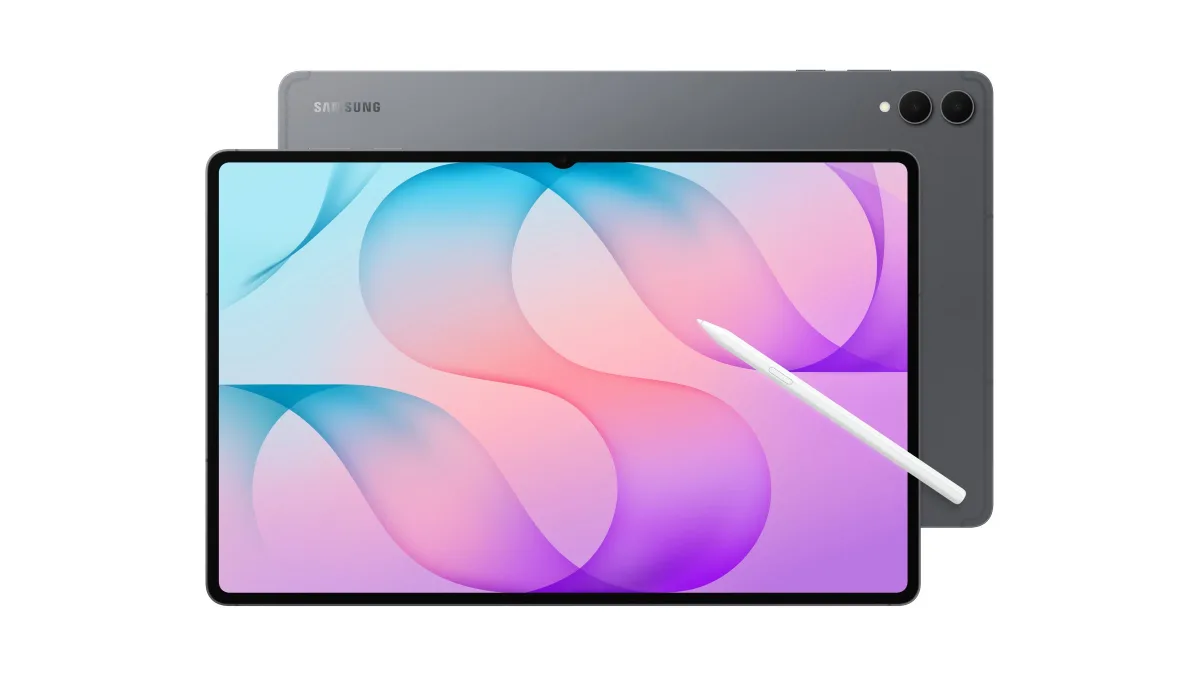 De Samsung Galaxy Tab S12 Ultra in grijs, van voren en van achteren, met S Pen