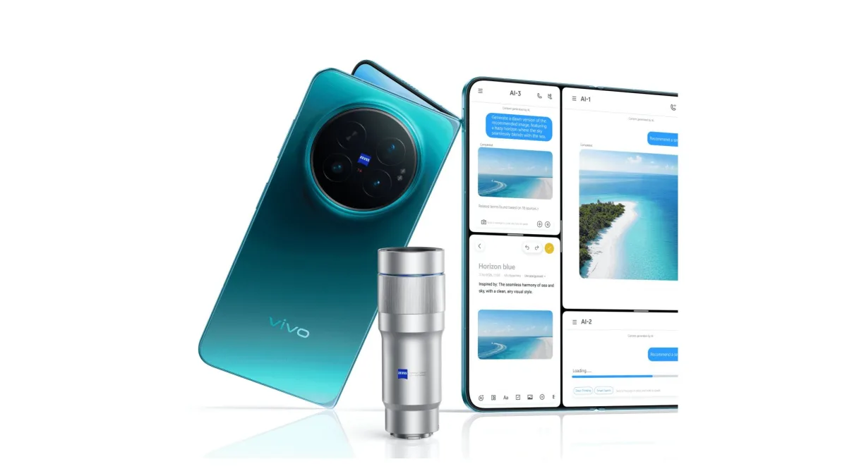 De vivo X Fold6 in Horizon Blue, dichtgeklapt en opengeklapt, naast de losse Zeiss-telelens