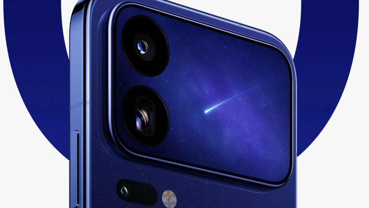 Teaserbeeld van de Xiaomi 18 Pro in de kleur Starry River Blue, met het Leica-camera-eiland en het tweede scherm achterop