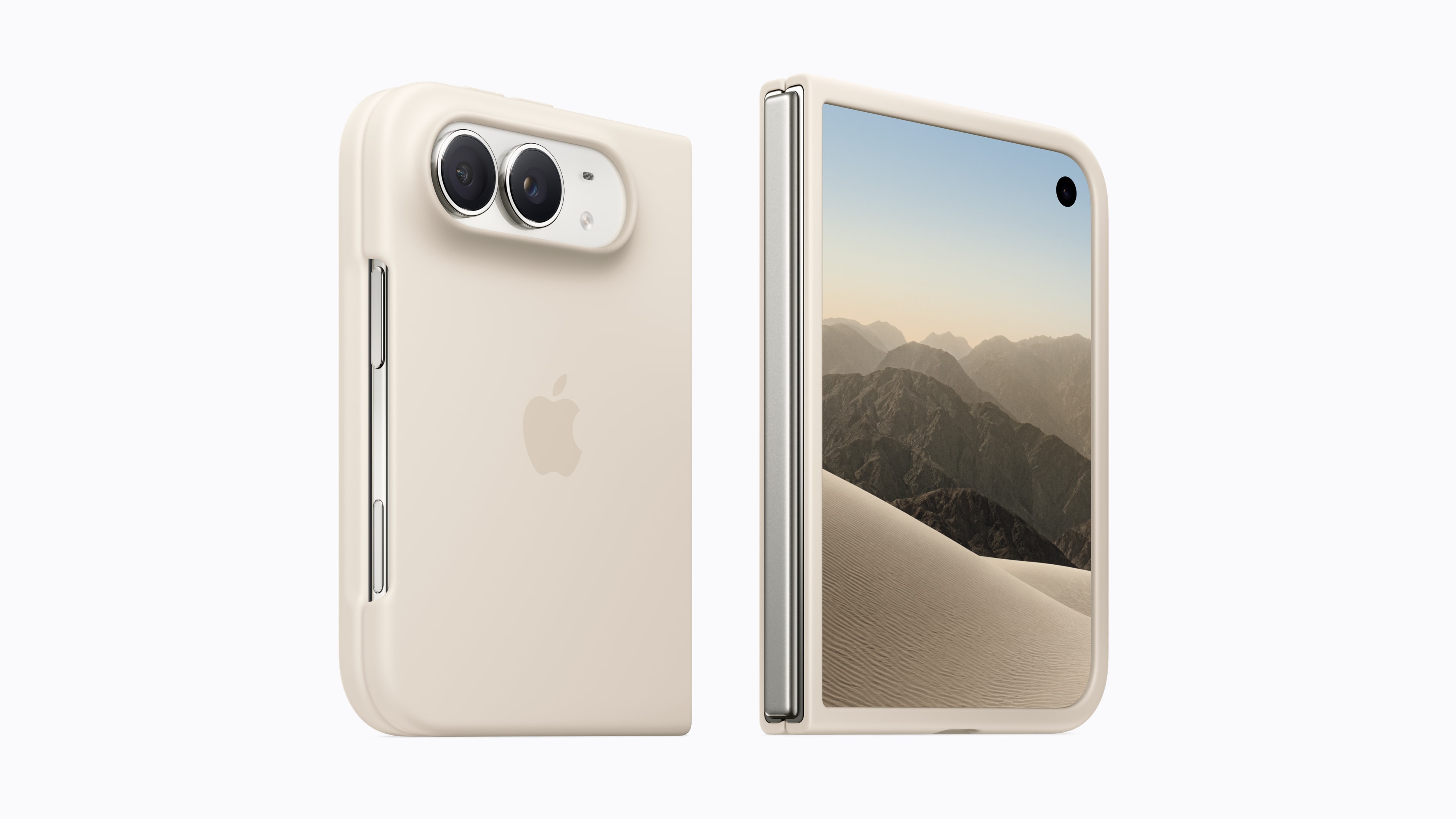 De tweedelige siliconen case van Apple op een iPhone Duo, met het scharnier onbedekt